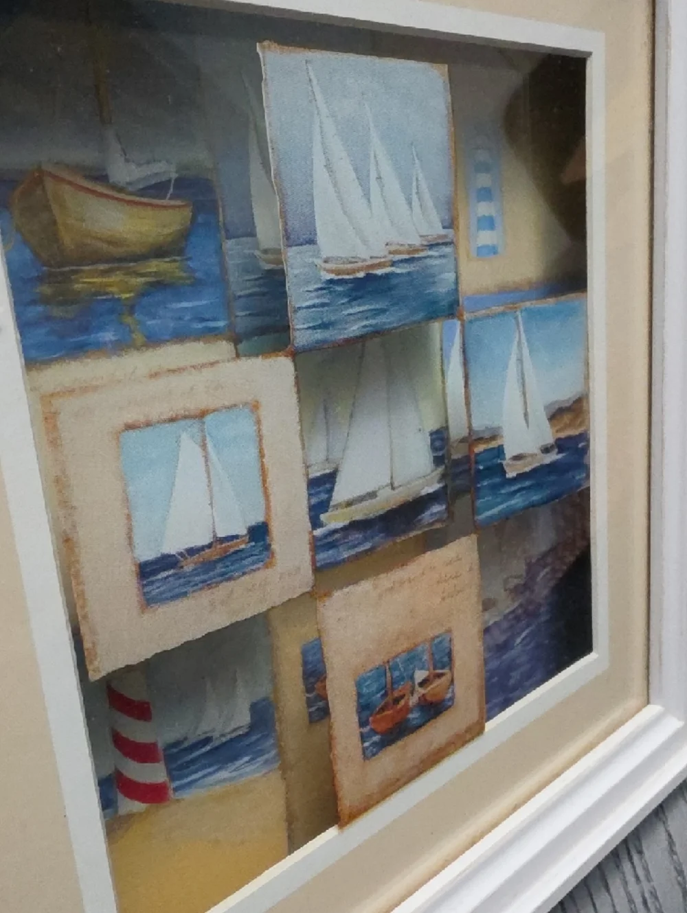 Coastal Sailboat Collage Wall Art - White Frame - 9 Tiles 3D